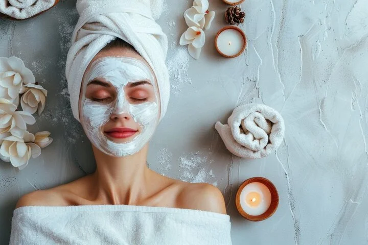 Mujer durmiendo con mascarilla facial, rodeada de velas, flores blancas y toallas en un ambiente de spa.