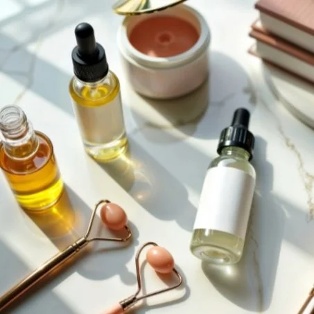 Skincare products, including serums, a face roller, and cream, on a white surface with some books in the background.