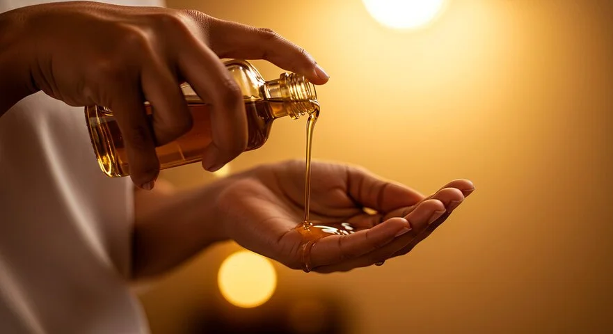 A person pouring medicinal honey from a small jar into their hand against a warm glowing background.