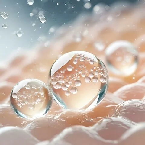 Gotas de agua sobre una superficie suave, con una y otra en tamaño diferente y reflejando la luz.