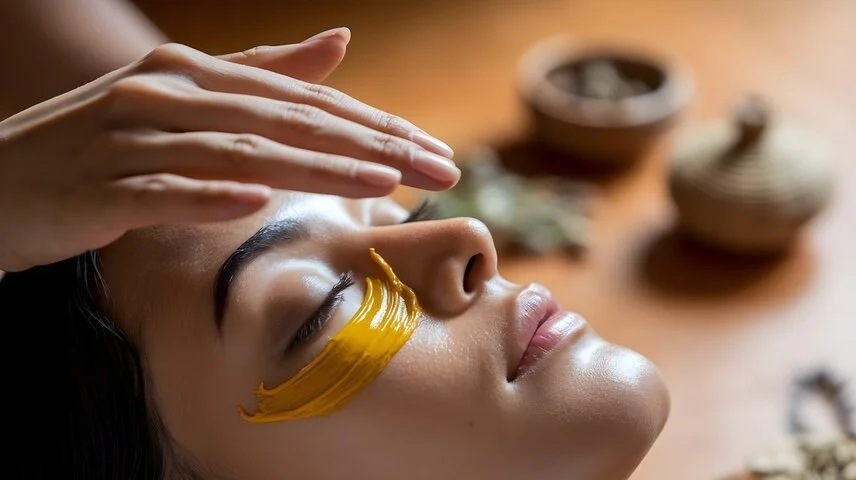 Una mujer recibe un tratamiento facial de belleza, con una línea de color amarillo aplicándose en su mejilla, en un ambiente de spa con utensilios de spa en el fondo.