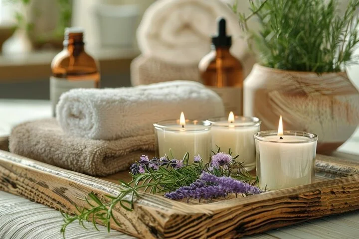 Velas encendidas, toallas de felpa, y plantas decorativas en un ambiente relajante y de spa.
