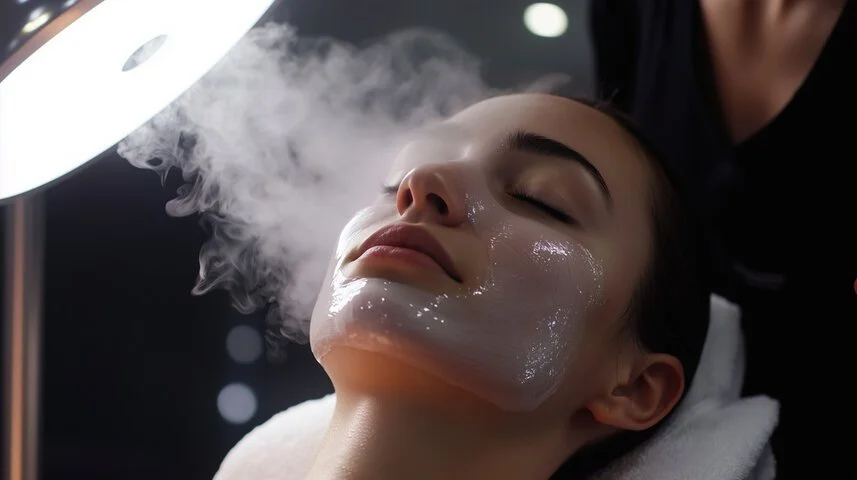 A woman receives a facial treatment in a spa or skincare clinic, with a skincare product on her face and steam or mist being applied.