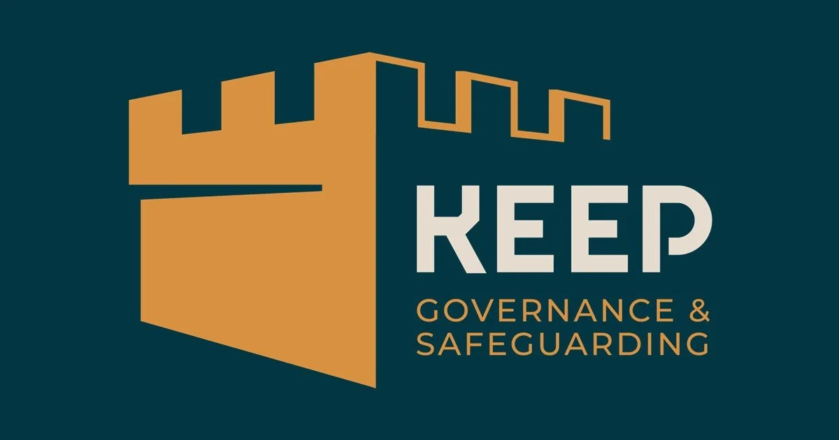 Logo with a stylized castle tower in gold and the words 'KEEP GOVERNANCE & SAFEGUARDING' in white and gold against a dark background.