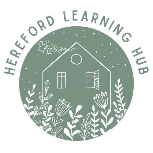 Hereford Learning Hub logo. A white house outline on a green background.