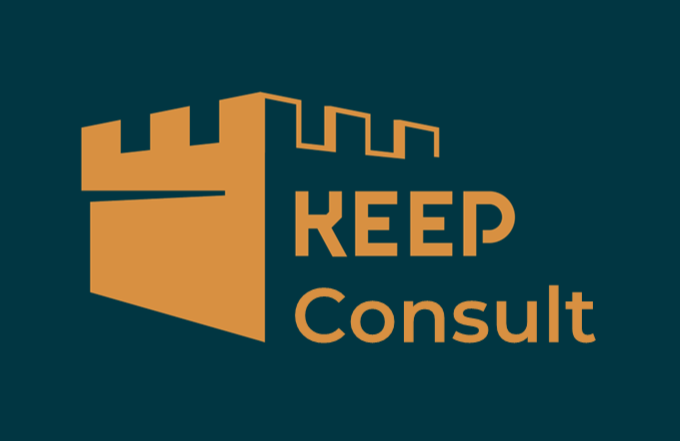 A logo featuring a stylized castle tower with the words 'KEEP' and 'Consult' next to it.