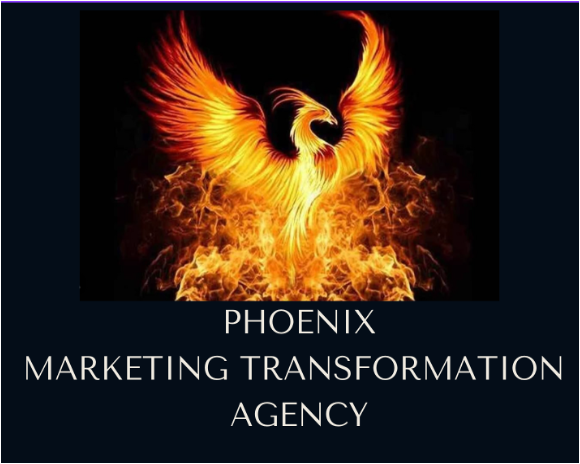 A fiery phoenix with wings spread, rising from flames, above the text 'PHOENIX MARKETING TRANSFORMATION AGENCY'.