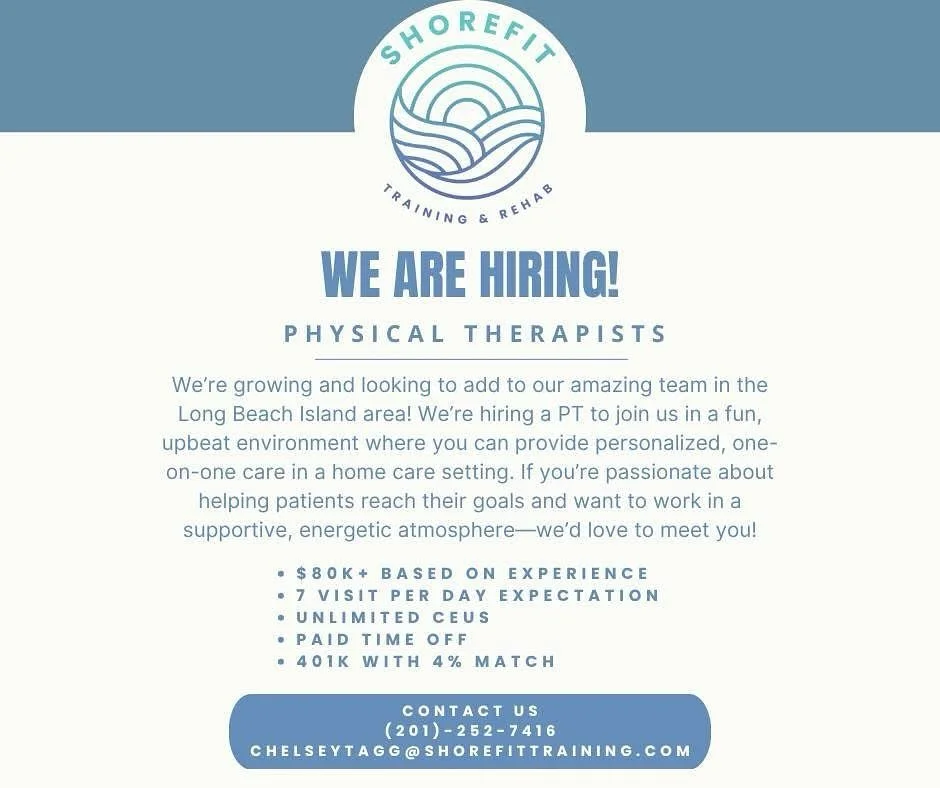 🌊 ShoreFit is Growing! 🌊

We&rsquo;re on the lookout for an awesome Physical Therapist to join our energetic and supportive team! 
If you (or someone you know) are passionate about helping patients move better, feel stronger, and reach their goals&