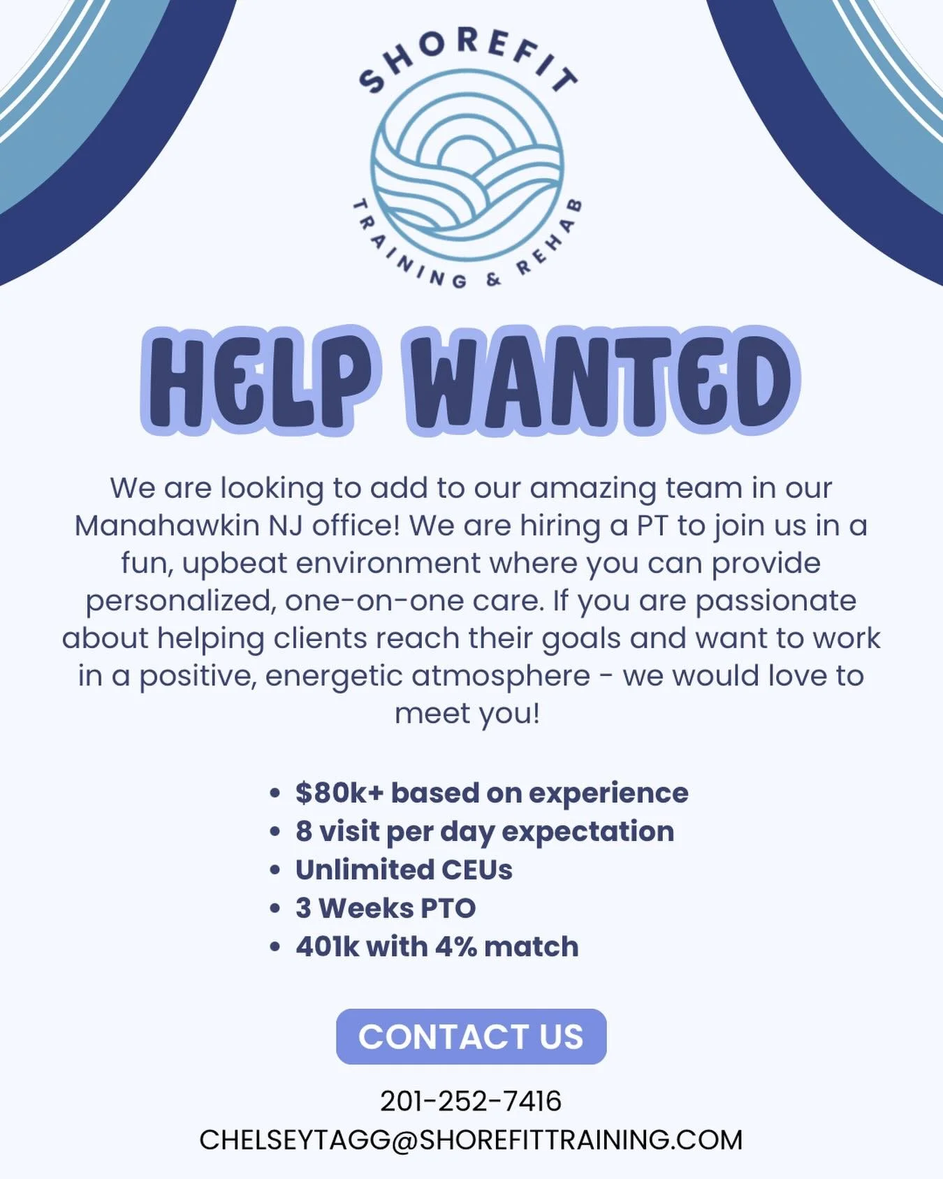 We&rsquo;re growing at ShoreFit Training &amp; Rehab and looking for an amazing Physical Therapist to join our team in our Manahawkin, NJ office!

This is a full-time, in-office position where you&rsquo;ll work one-on-one with clients in a positive, 