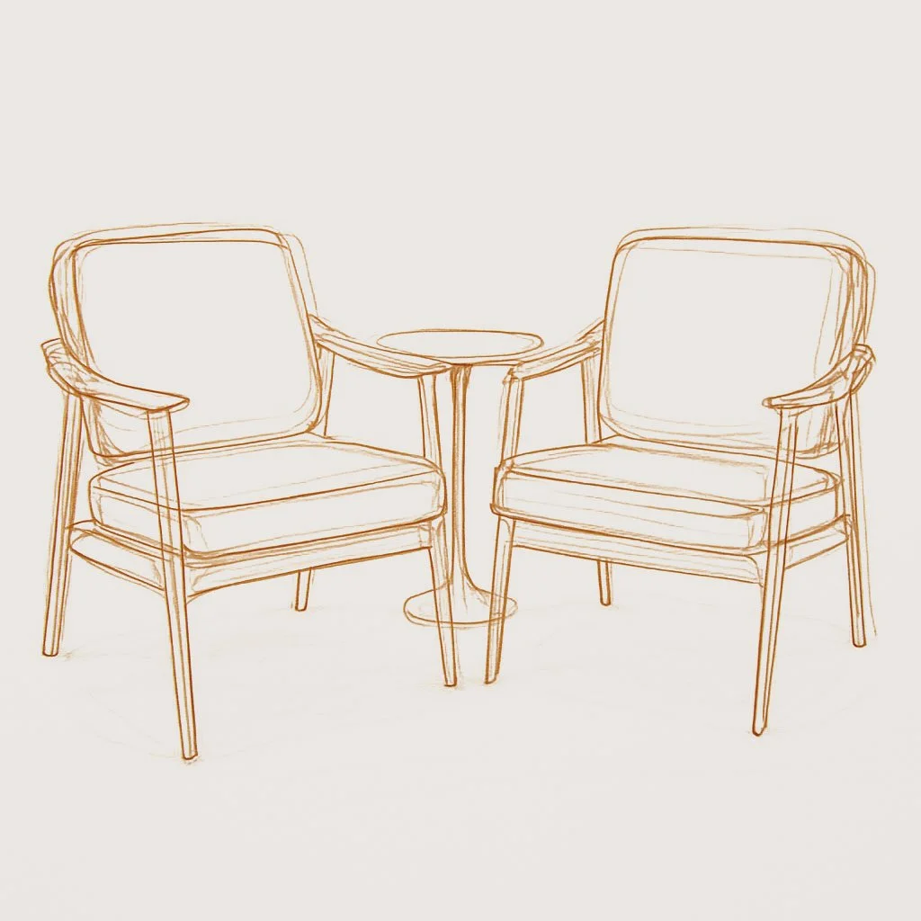 Hand-drawn sketch of two cushioned armchairs with a small round table between them, representing conversation and connection in couples therapy.