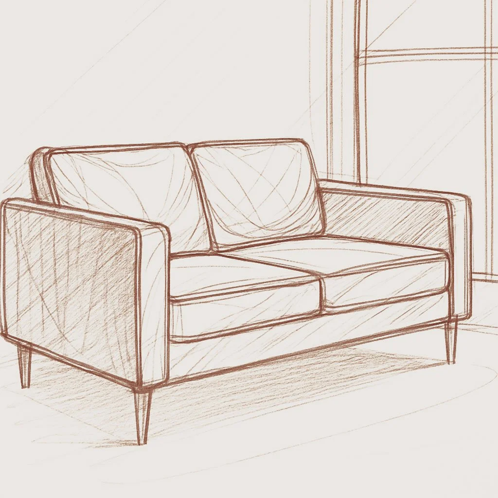 Hand-drawn sketch of a two-seater sofa beside a window, symbolising a supportive and grounded space for therapy with veterans and first responders.