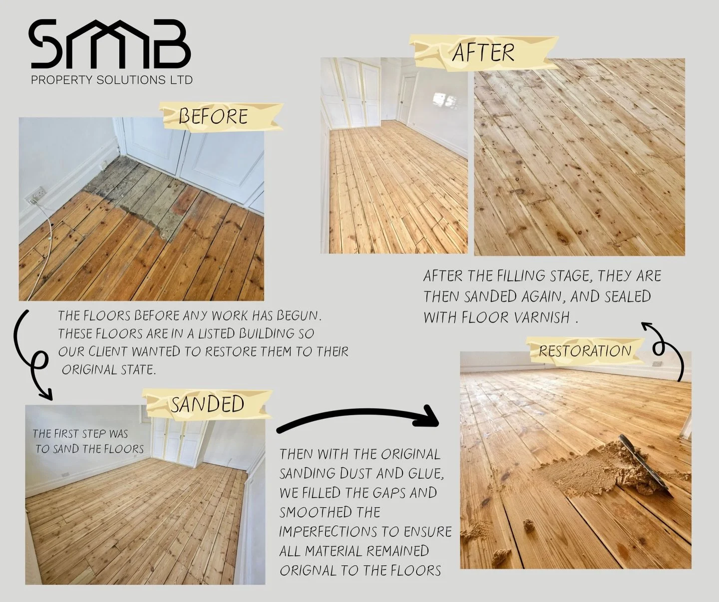 Restoring original floors with craftsmanship that honours your building&rsquo;s history. One of our recent projects. Please get in touch if your floors deserve some tender loving care. 
Phone: 07984 023110
Email: shane@smbpropertysolutionsltd.co.uk