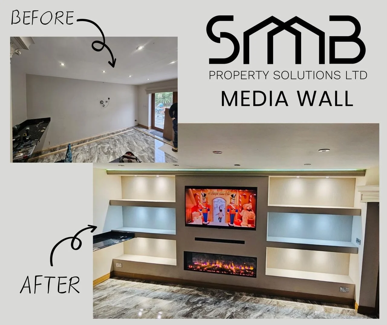 Are you looking to install a bespoke media wall with high quality materials designed specifically to your taste? 
Contact us today to discuss your vision. 
Phone: 07984023110
Email: shane@smbpropertysolutionsltd.co.uk

#mediawall #smb #kitchen #loung