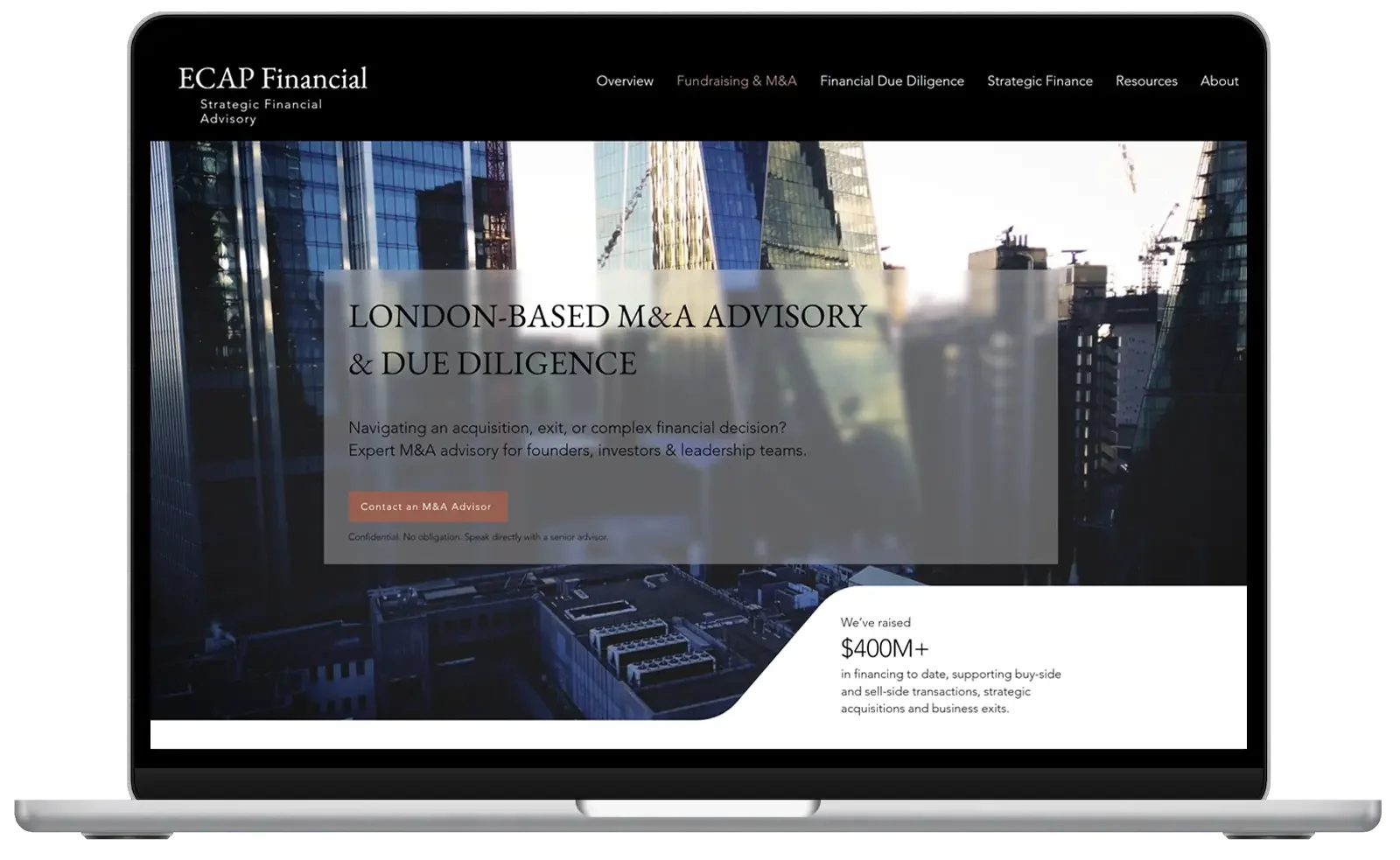 Image of a laptop (macbook) showing an example of a landing page for ECAP Financial, a London-based M&A Advisory company