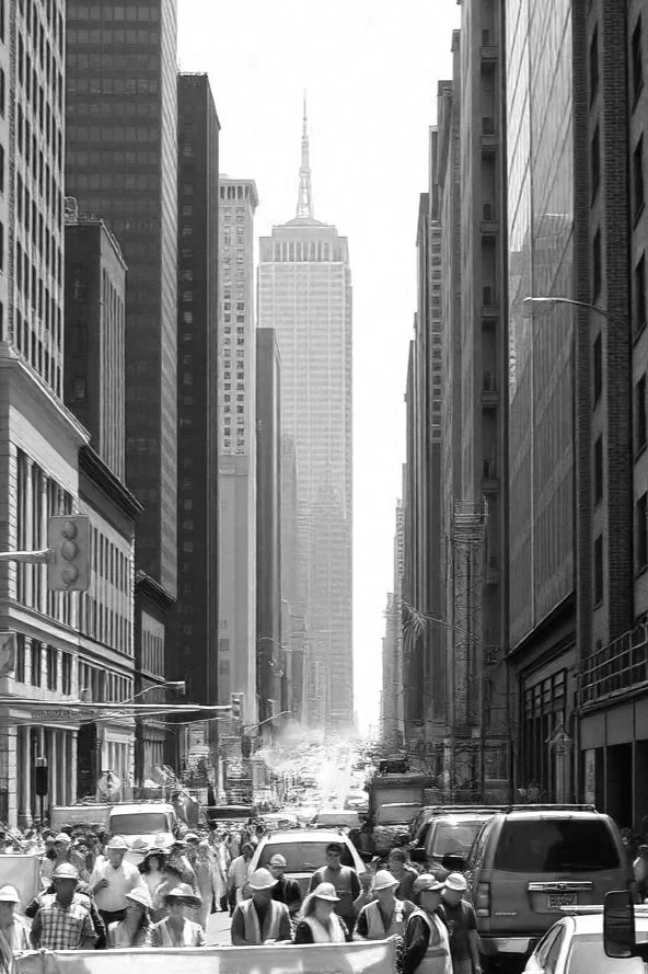 Black and white photo of a busy city street lined with tall buildings, with a skyscraper in the distance and pedestrians and vehicles in the foreground.