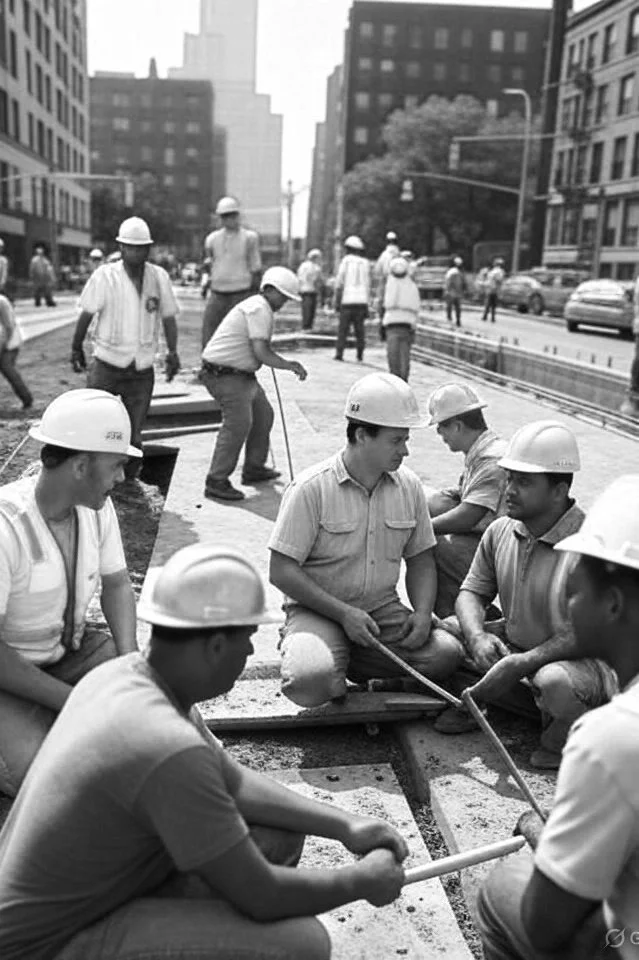 Construction workers in hard hats working on a city street, laying pavement with tools, surrounded by tall buildings and parked cars.