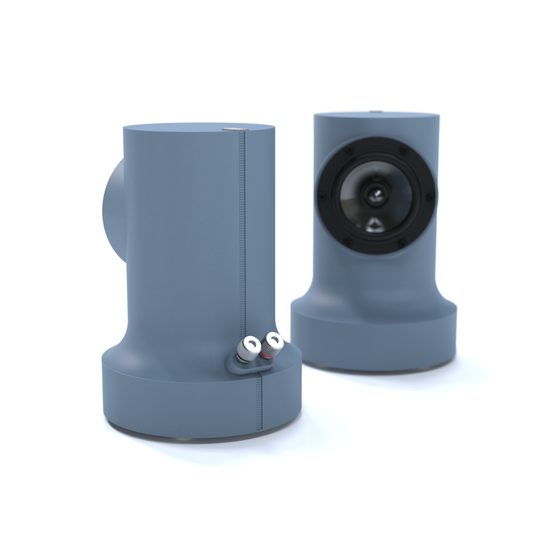 Pair of blue bookshelf speakers with visible speaker cones, knobs, and volume control, viewed from front and side angles.