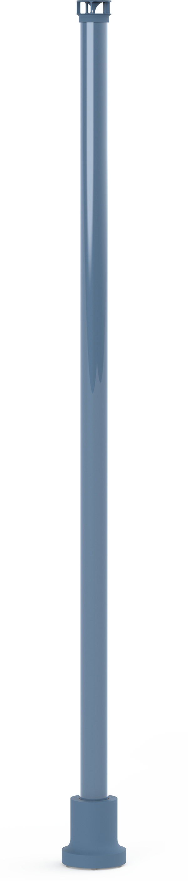 A close-up view of a tall, blue, cylindrical metal pole with a reinforced top section and a rounded base, standing vertically on a white background.
