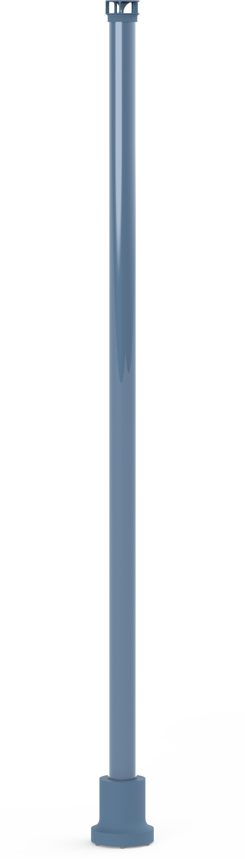 A vertical metal flagpole with a round base, standing next to a black and white background.