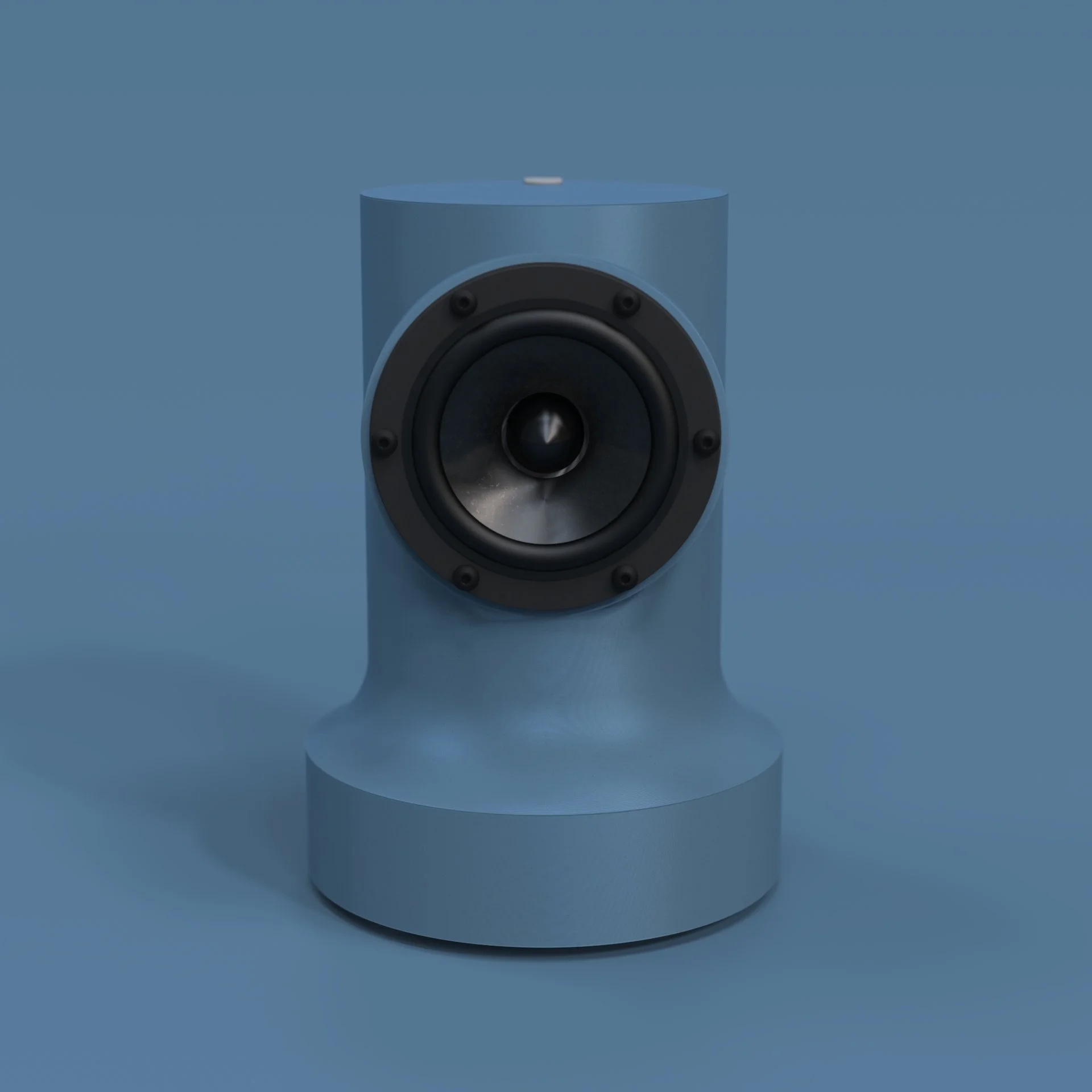 A modern blue speaker with a black speaker cone centered on a matching blue background.