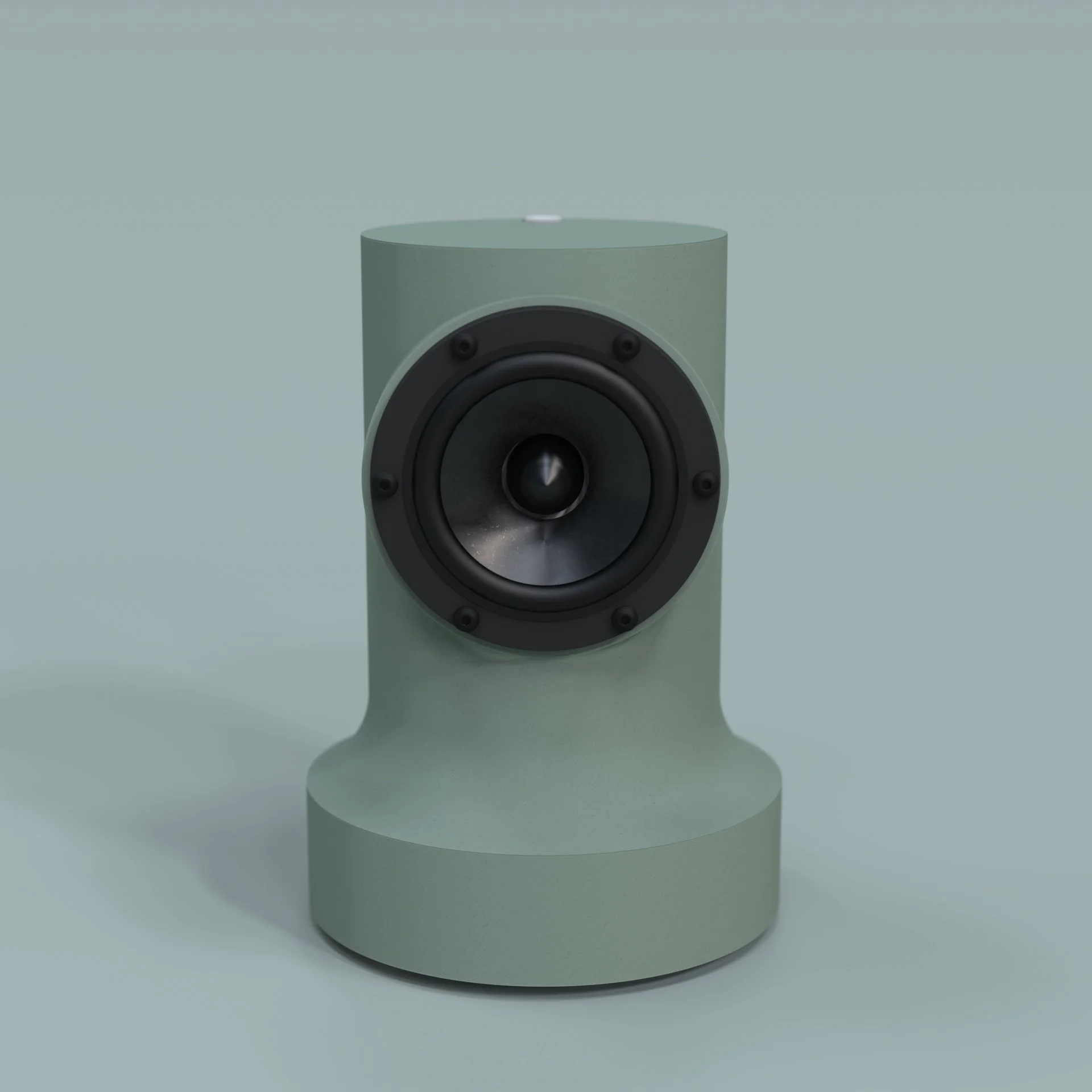 A modern, light green speaker with a black speaker cone on a matching curved base, set against a light gray background.