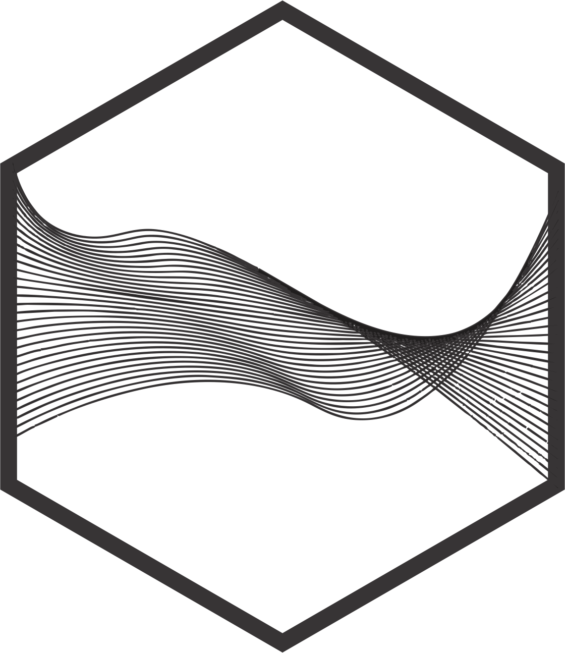 Abstract black and white geometric design with flowing lines inside a hexagon outline.