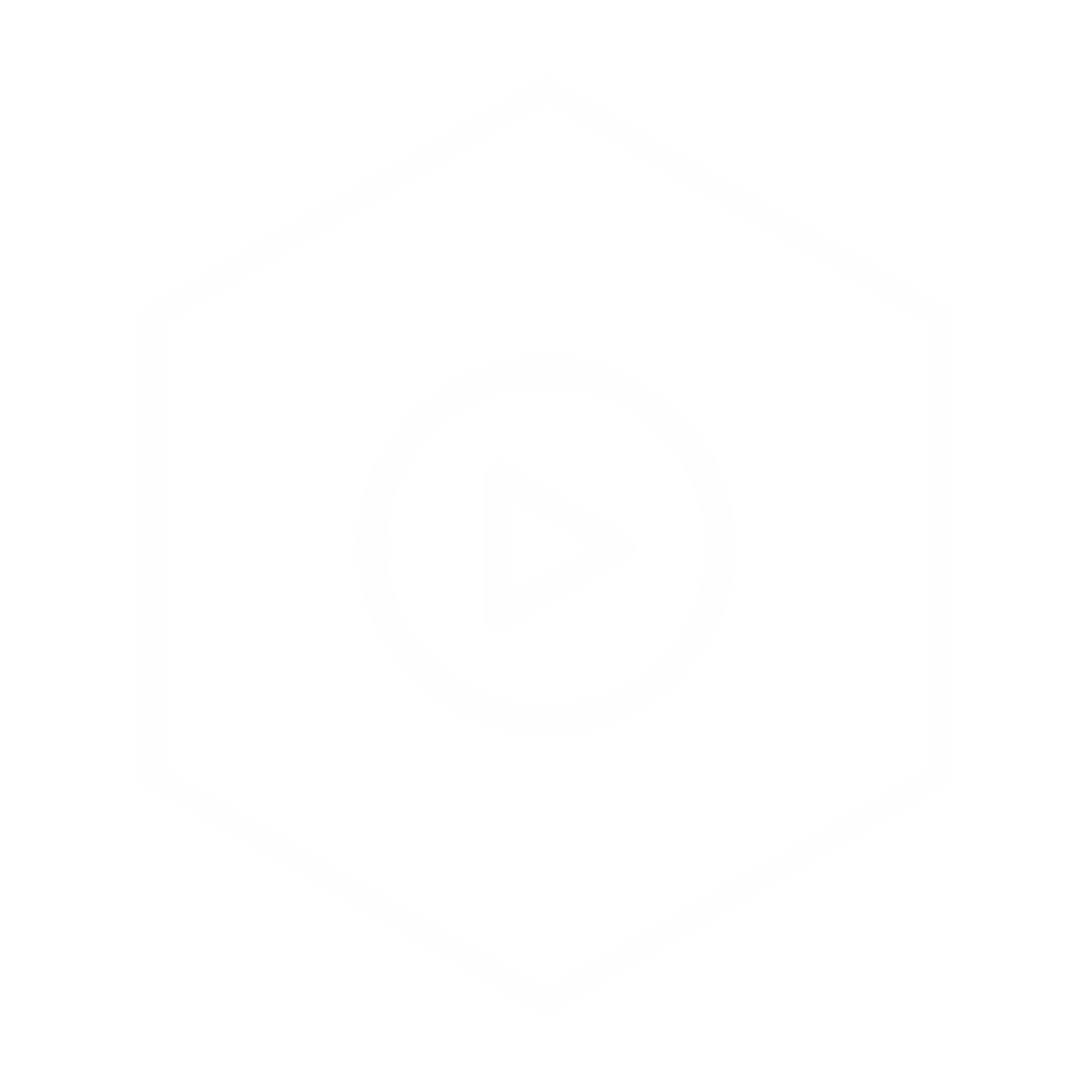 Icon with a white outline of a hexagon inside a larger hexagon, containing a play button symbol in the center on a black background.