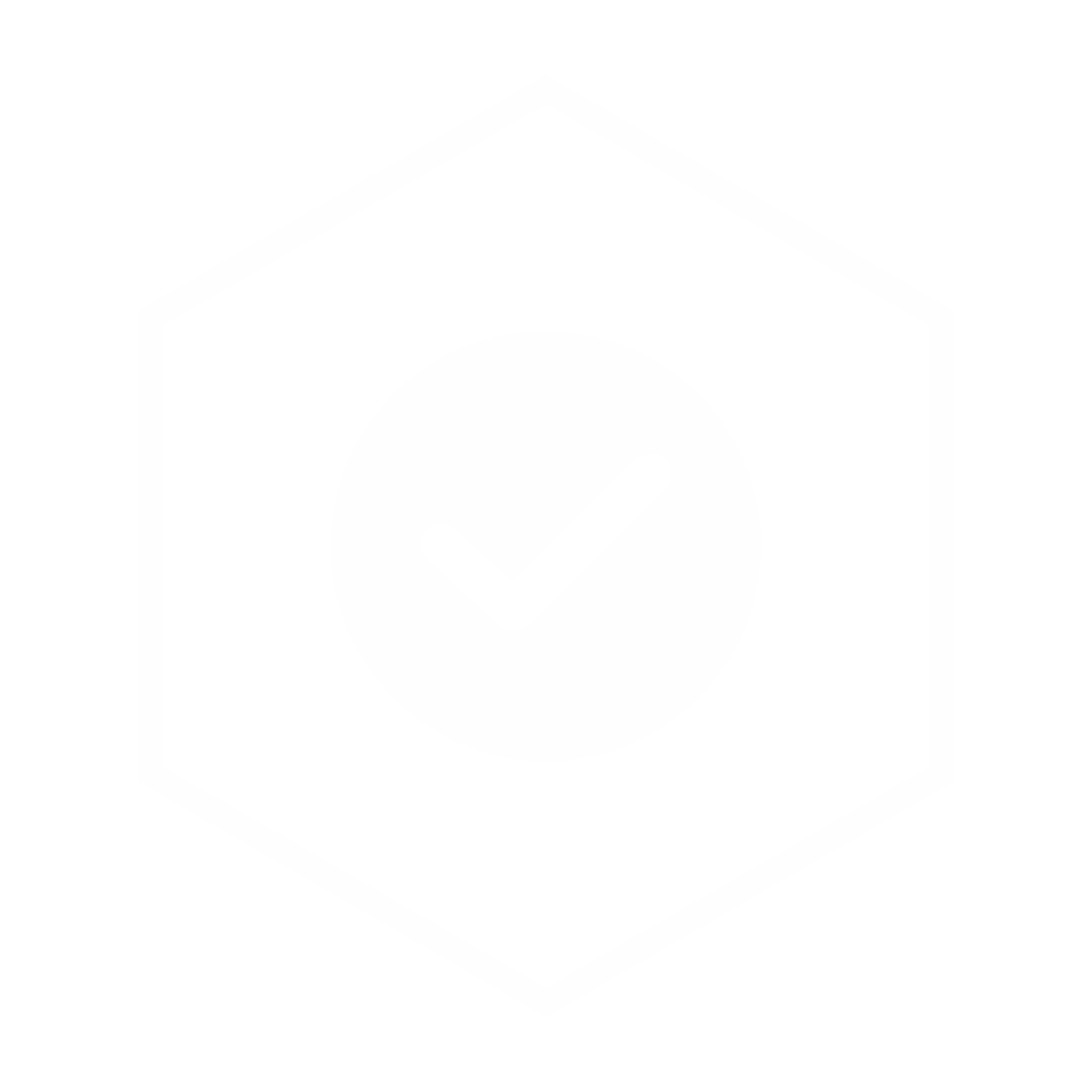 Black icon with a white hexagon outline and a checkmark inside a circle in the center.