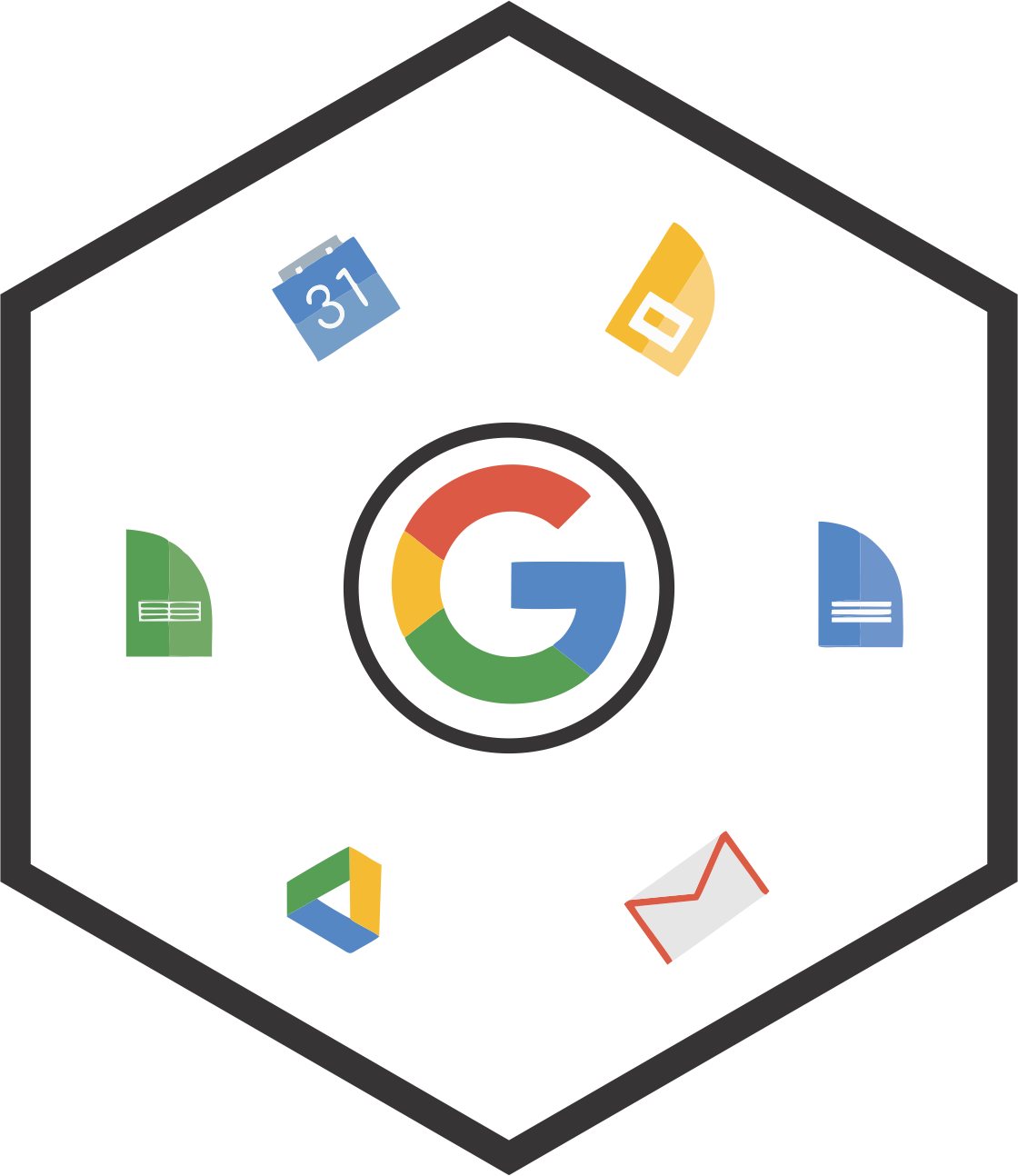 Illustration of a Google-themed smart home device with icons representing calendar, notes, Google Drive, Gmail, and other apps