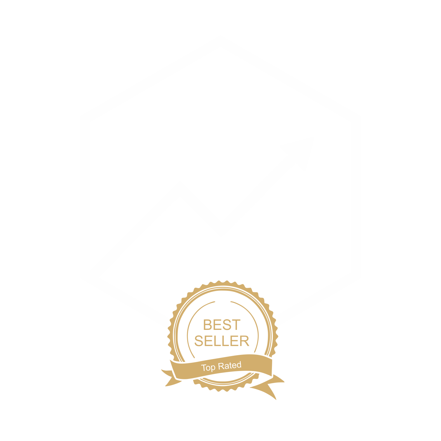 A black background featuring a white outline of a hexagon with an upward trending arrow inside. Below the hexagon, there is a gold seal with the text 'Best Seller' and a banner below it that says 'Top Rated'.