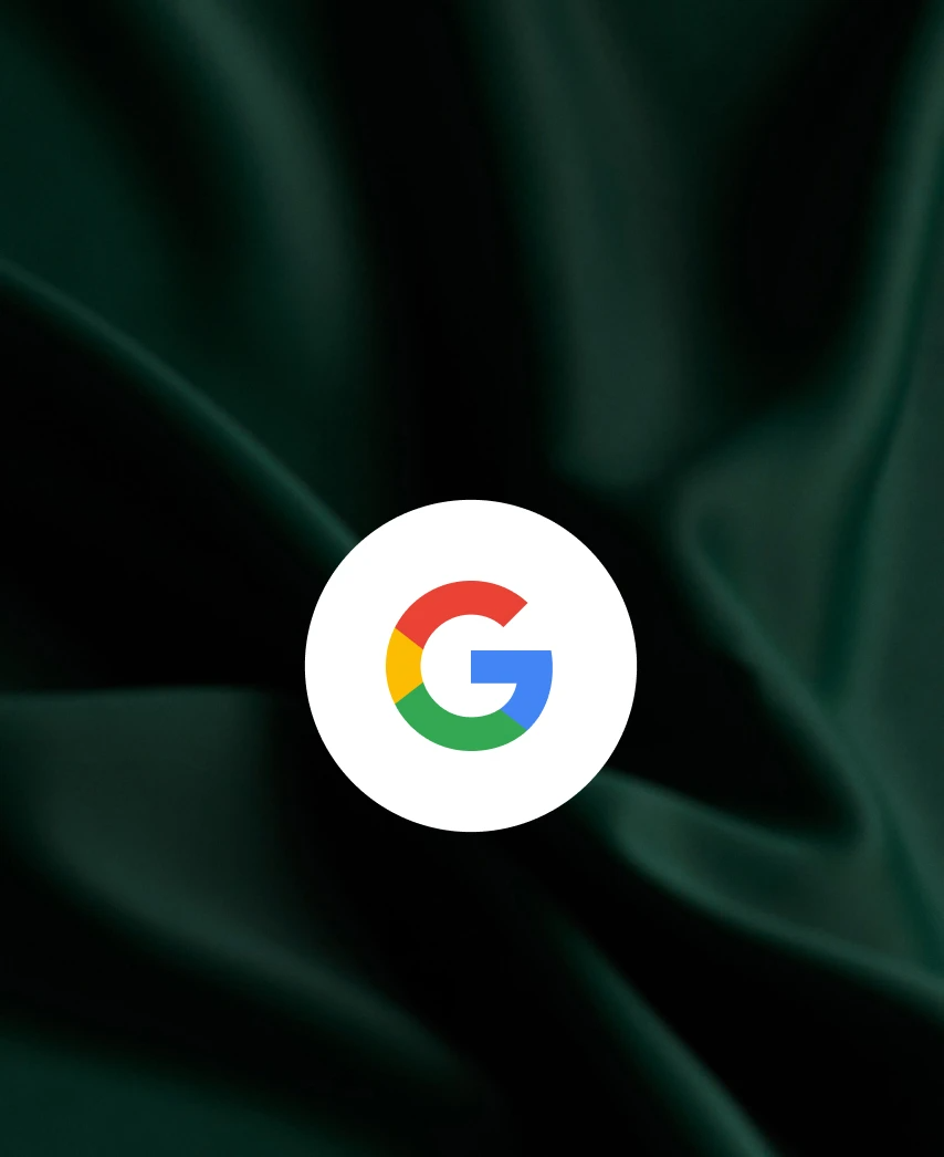 Google logo on a dark, abstract green background.