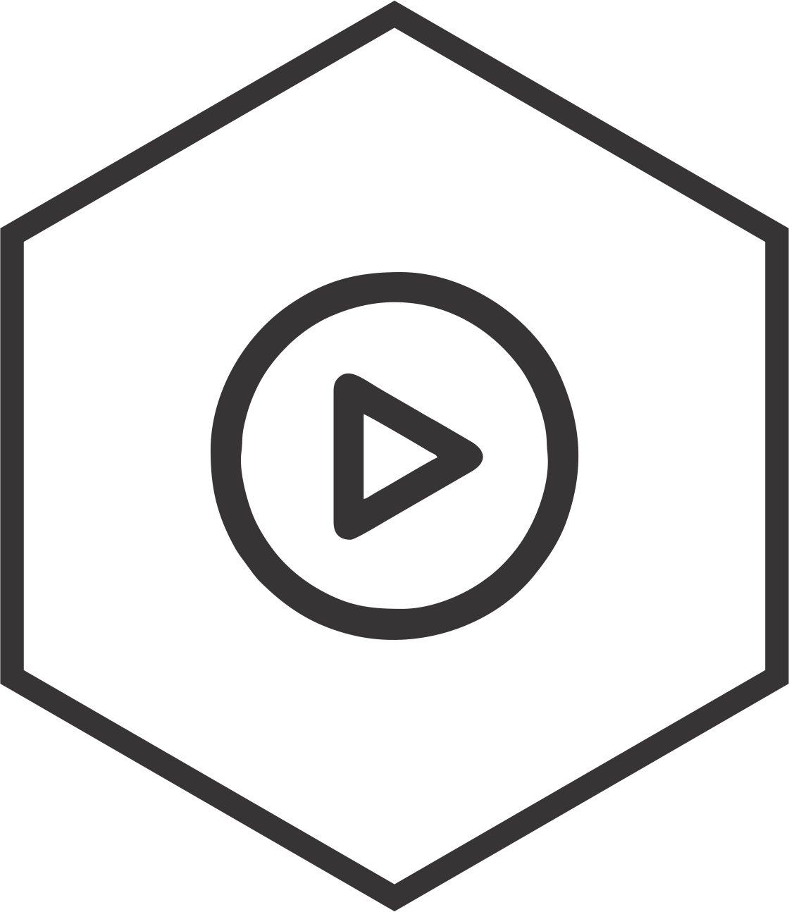 Black and white icon of a house with a play button inside a circle in the center.