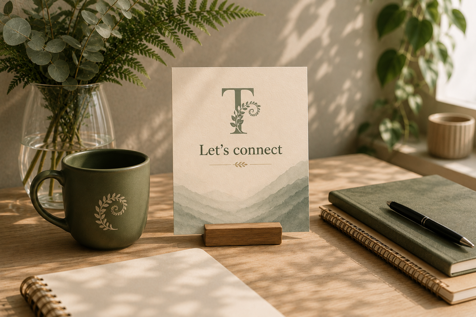 A wooden desk with a green mug, a notebook, a pen, a greeting card saying "Let's connect" with a mountain landscape, a glass vase with green foliage, and smaller potted plants, all bathed in natural light.