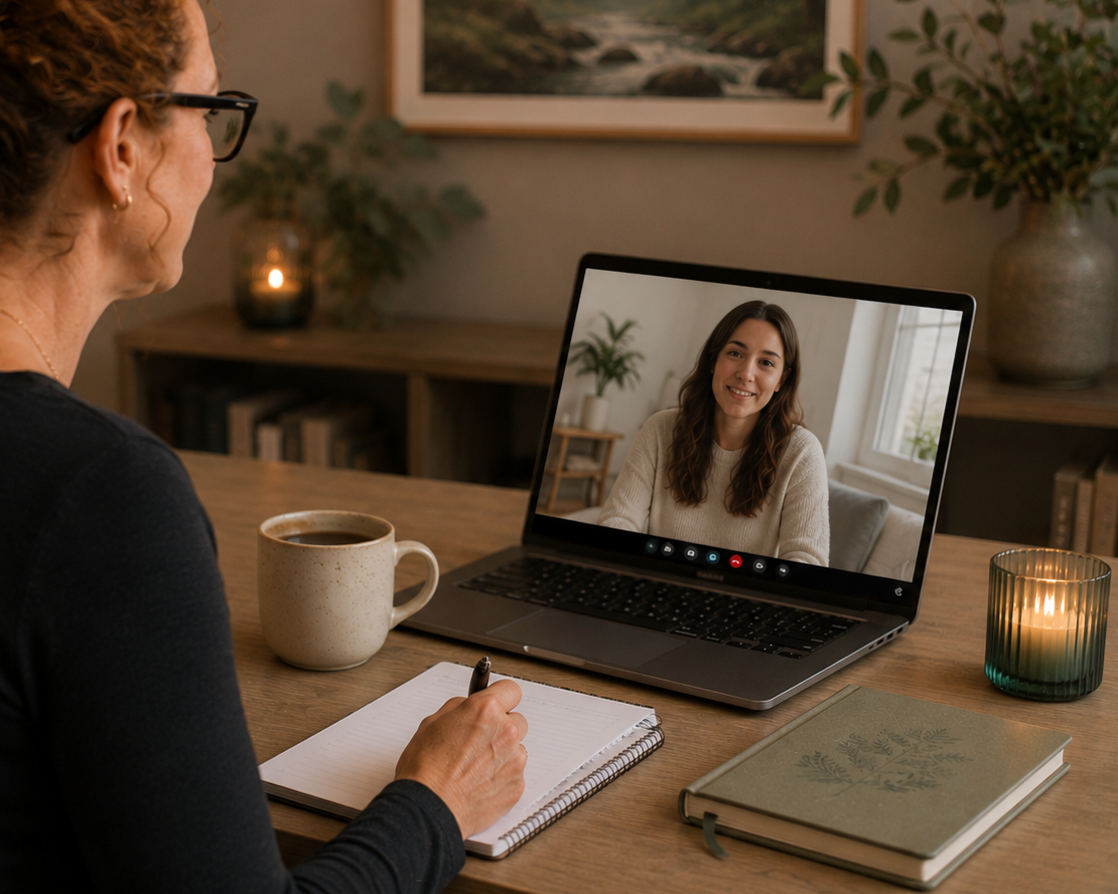 A woman is sitting at a desk during a video call with another woman. The desk has a notebook, a coffee mug, a book, and a candle on it.