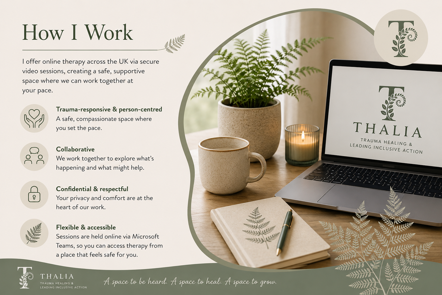 Brochure page for Thalia, a trauma healing and inclusive action organization, featuring a workspace with a potted fern, a lit candle, a mug, a notebook with fern print, and informational text about their online therapy services and principles.