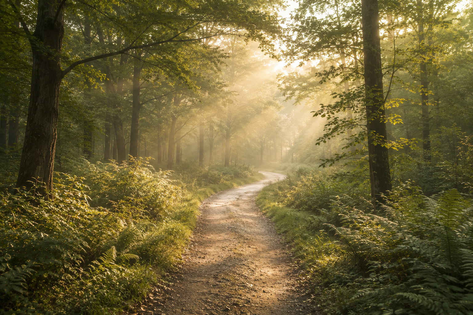 Sunlight filtering through green trees onto a winding dirt forest path.