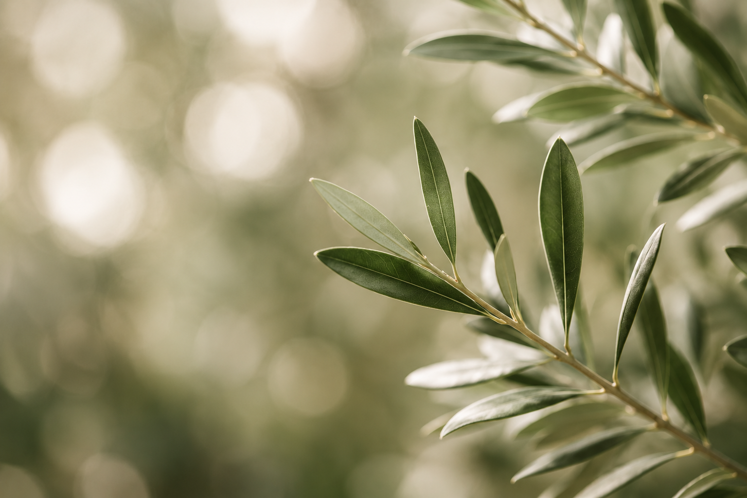 Close-up of a branch with green leaves in sunlight and a blurred bokeh background.