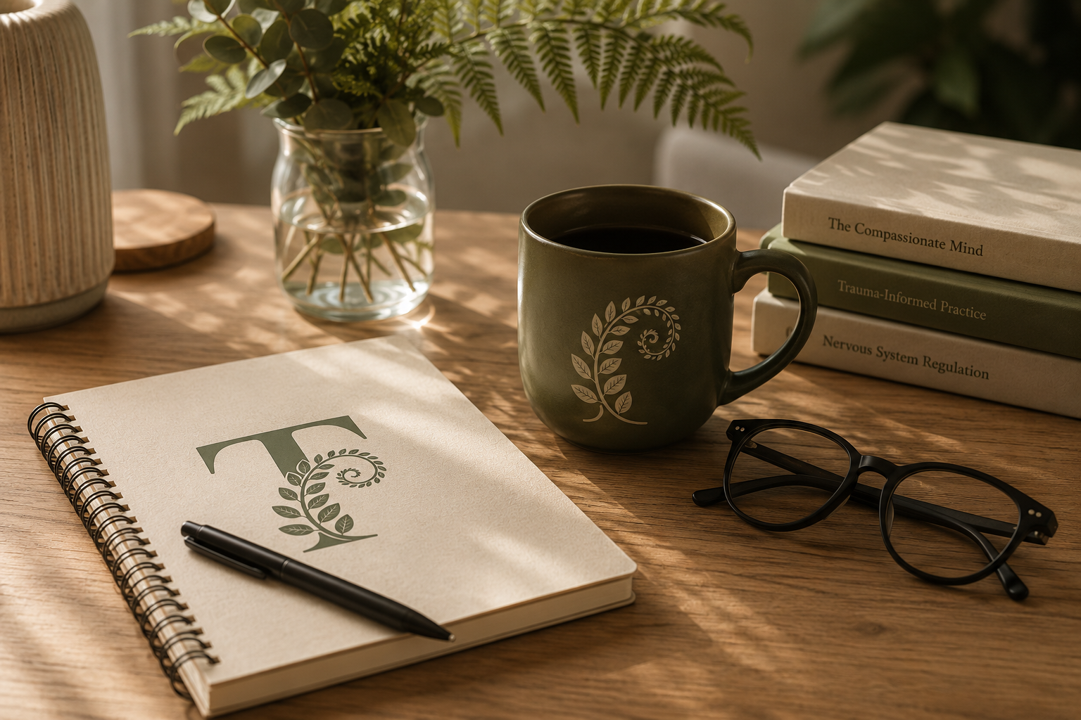 A wooden desk with a notebook, a black pen, a pair of glasses, a green mug with a leaf design, a stack of books, and a glass jar with greenery inside. Sunlight shines on the objects.