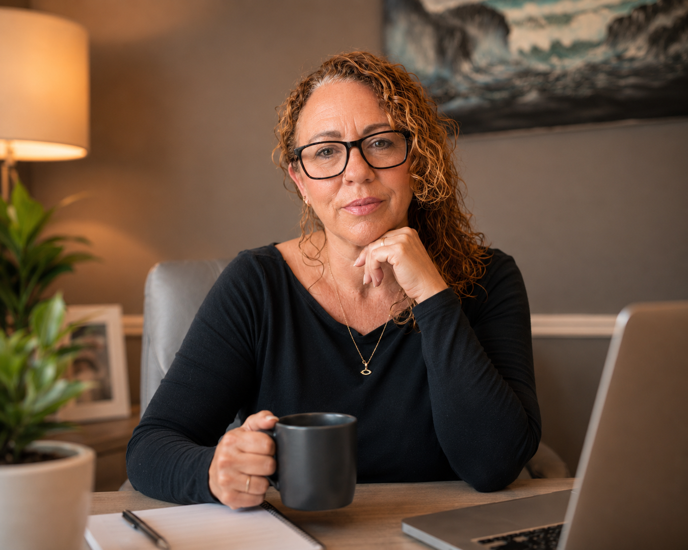 A middle-aged woman with curly red hair and glasses sitting at a desk, holding a black coffee mug, looking at a laptop with a thoughtful expression.