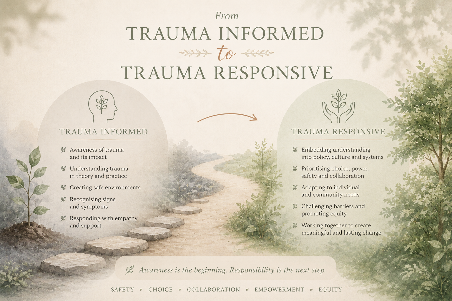 A nature-themed infographic with a pathway leading through trees and bushes, illustrating the transition from trauma informed to trauma responsive practices, with lists of characteristics for each.