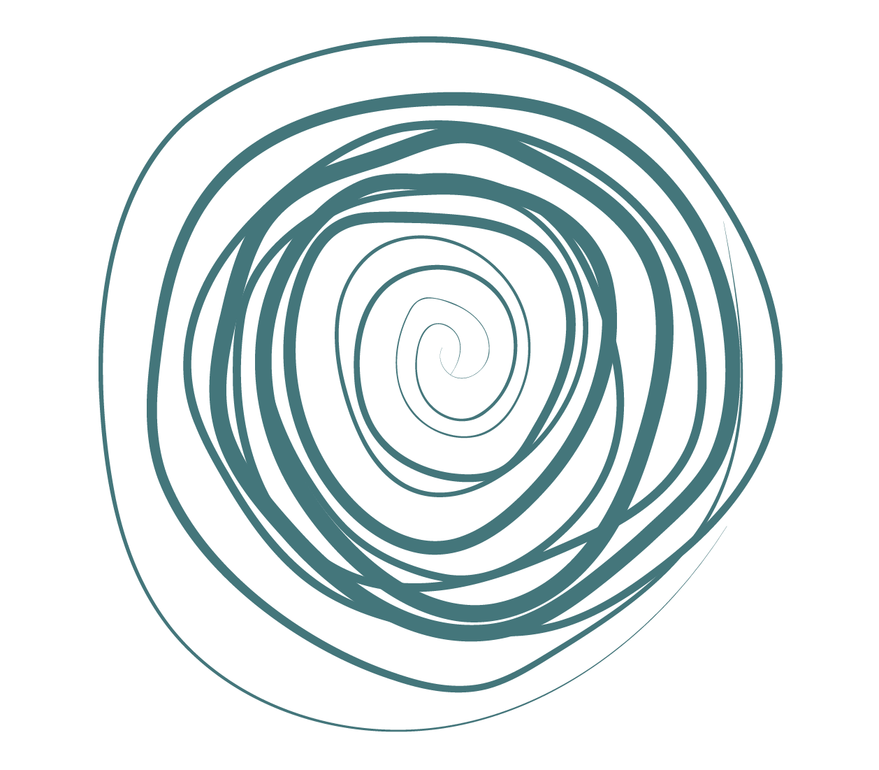 A black and white spiral line drawing resembling a tree trunk cross-section.