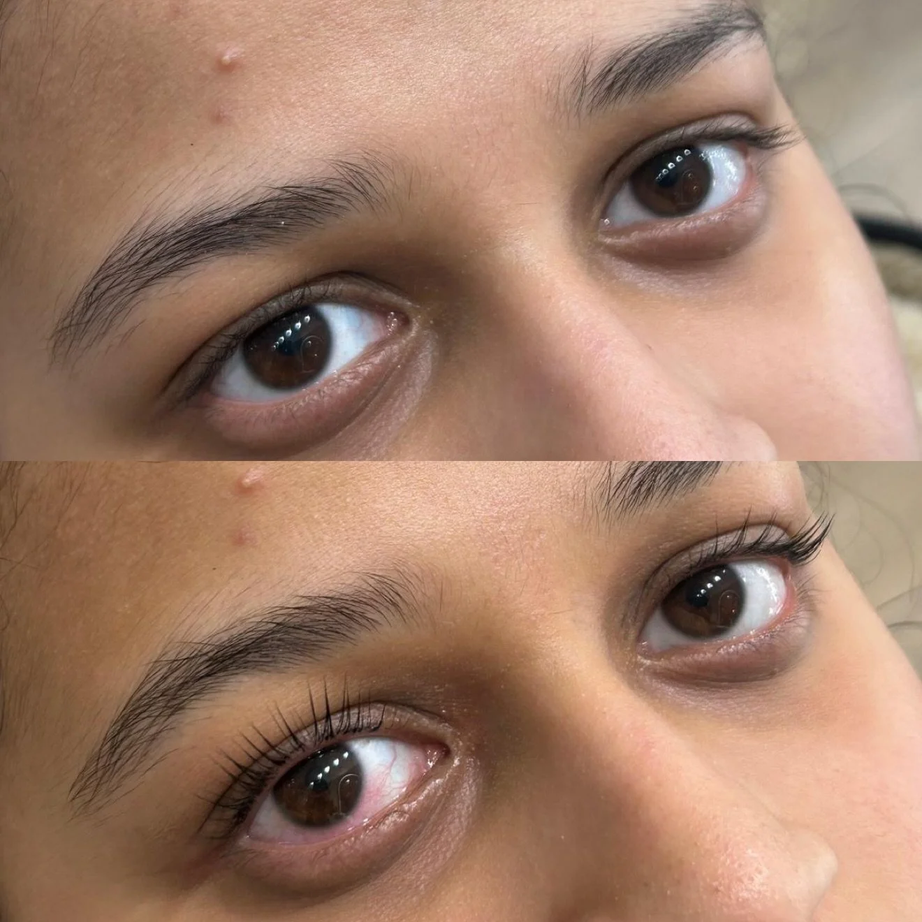 Close-up of a person's brown eyes before and after eyelash extension application, showing longer, darker lashes in the after image.