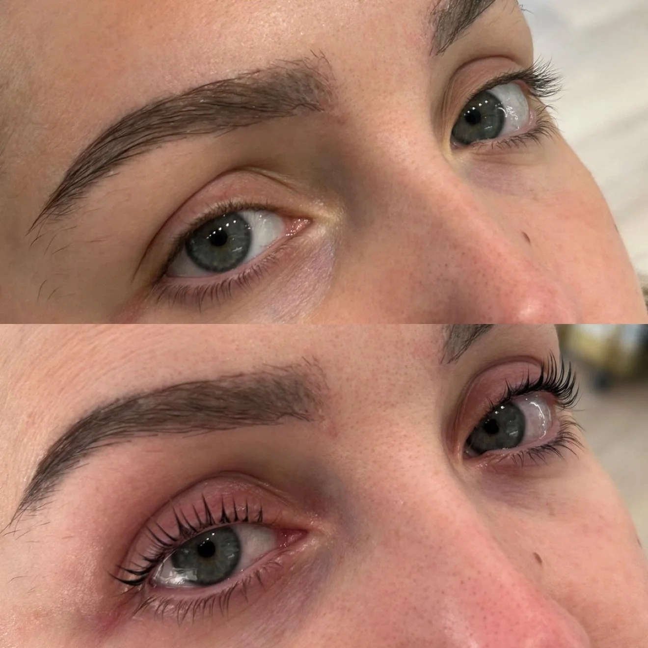 Close-up of a person's eyes showing a before and after comparison of eyelash extension application.
