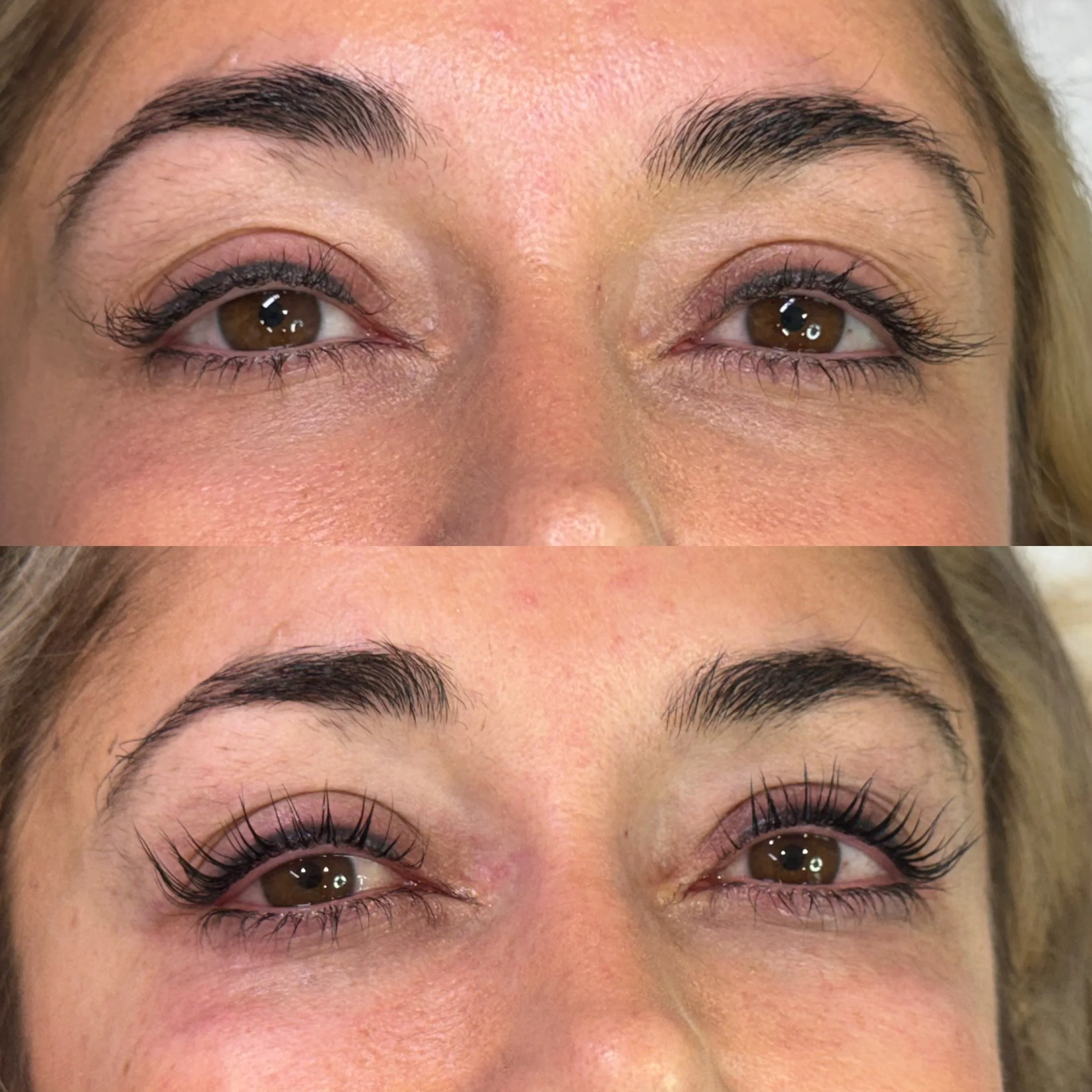 Close-up of a woman's face showing before and after images of eyelash enhancement and eyebrow grooming.