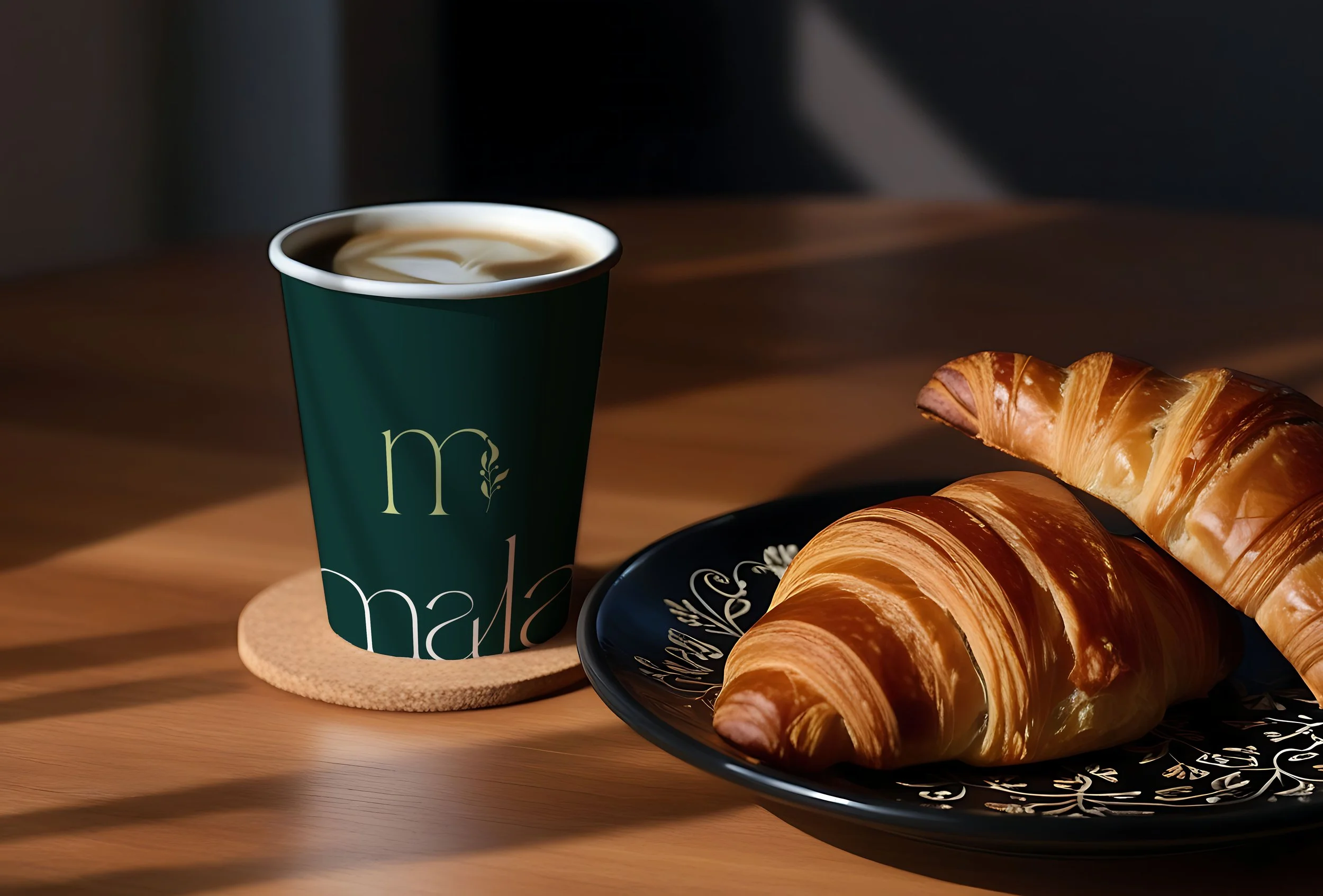A coffee cup with a green and cream design next to a black plate holding two croissants, on a wooden table with shadows and light.