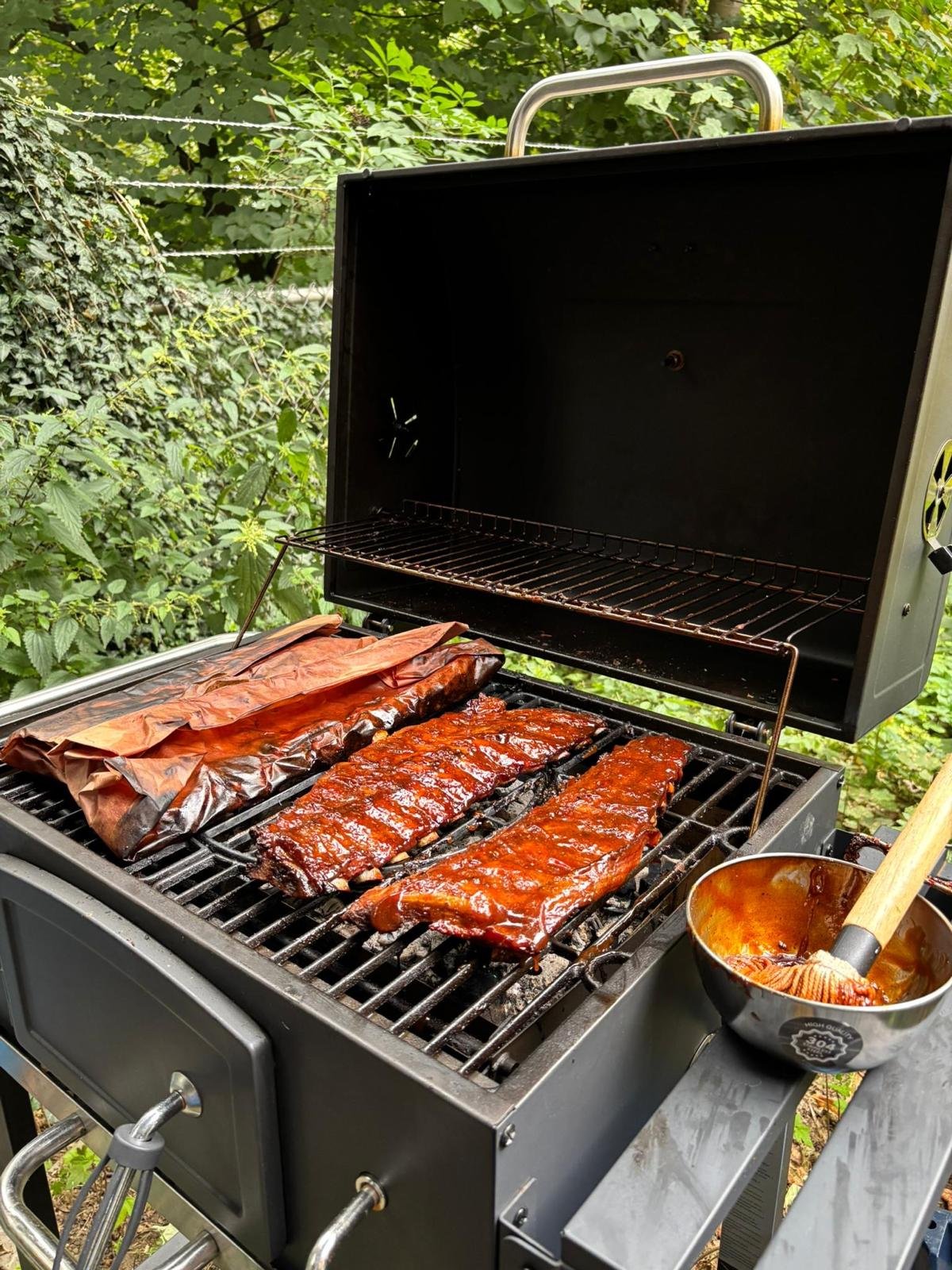 Barbecue met gerookte spar ribs en saus onderscheiden in een groene tuin