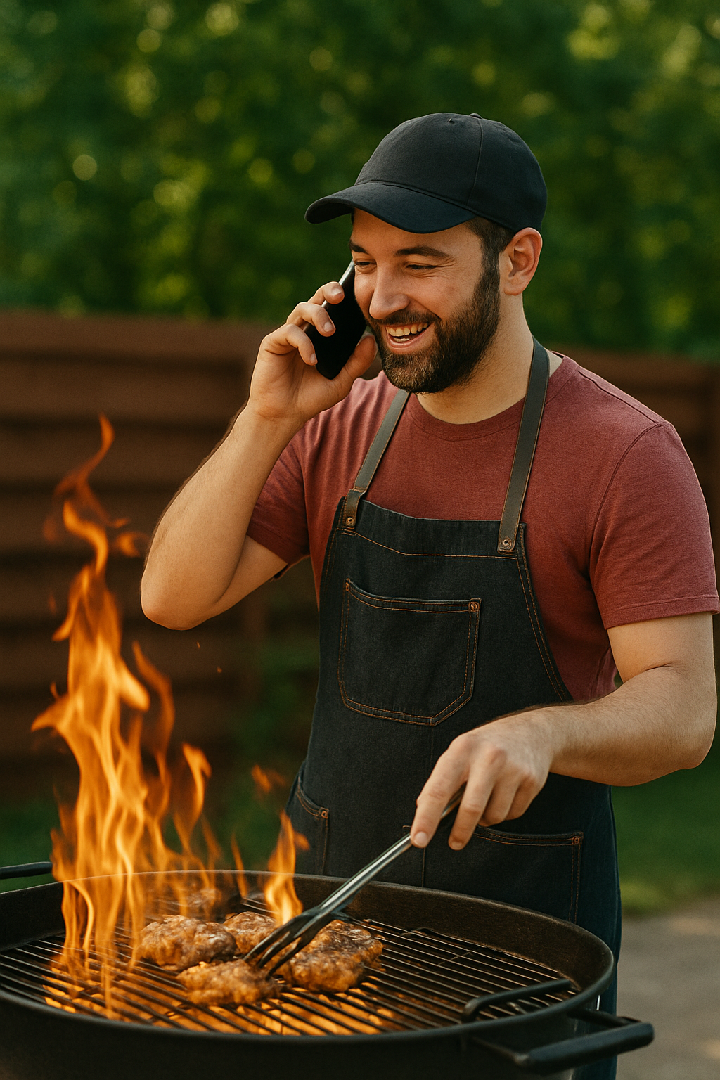 Man met een zwart petje en een zwarte schort die het vlees op de barbecue draait, terwijl hij met een mobiele telefoon praat en lacht.