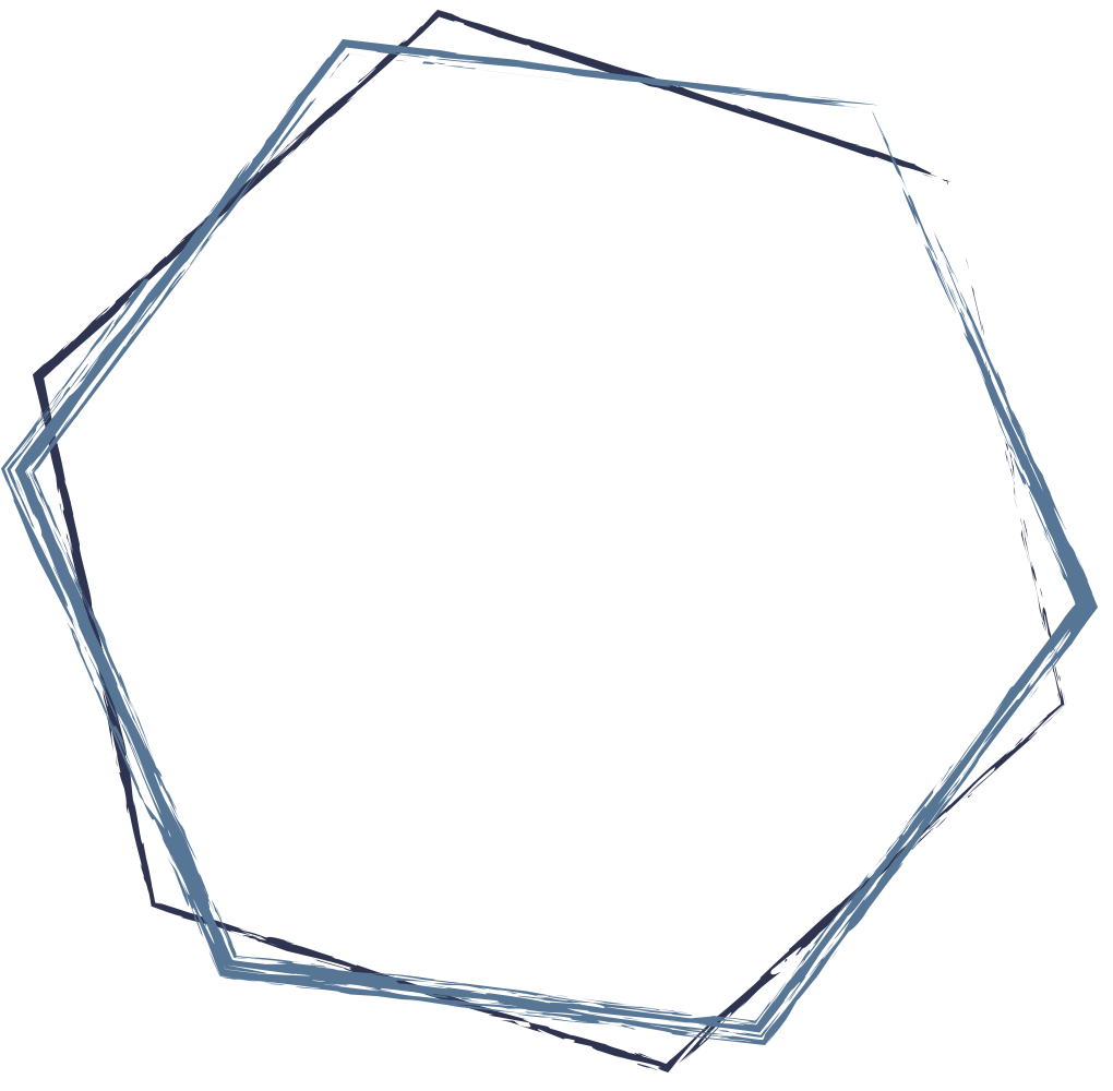 Multiple overlapping white hexagons with dark gray outlines, arranged in a circular pattern.