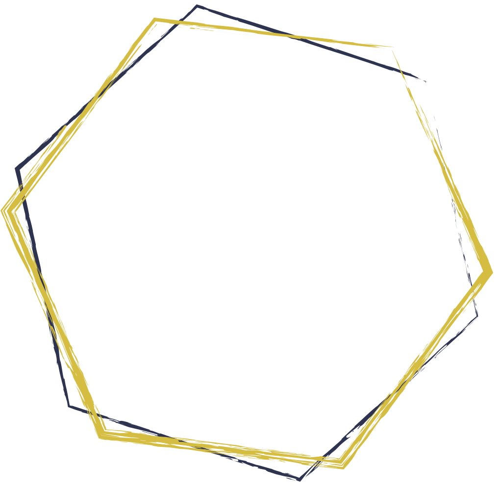 A geometric design featuring overlapping irregular hexagons in white, black, blue, and gold colors with a transparent background.