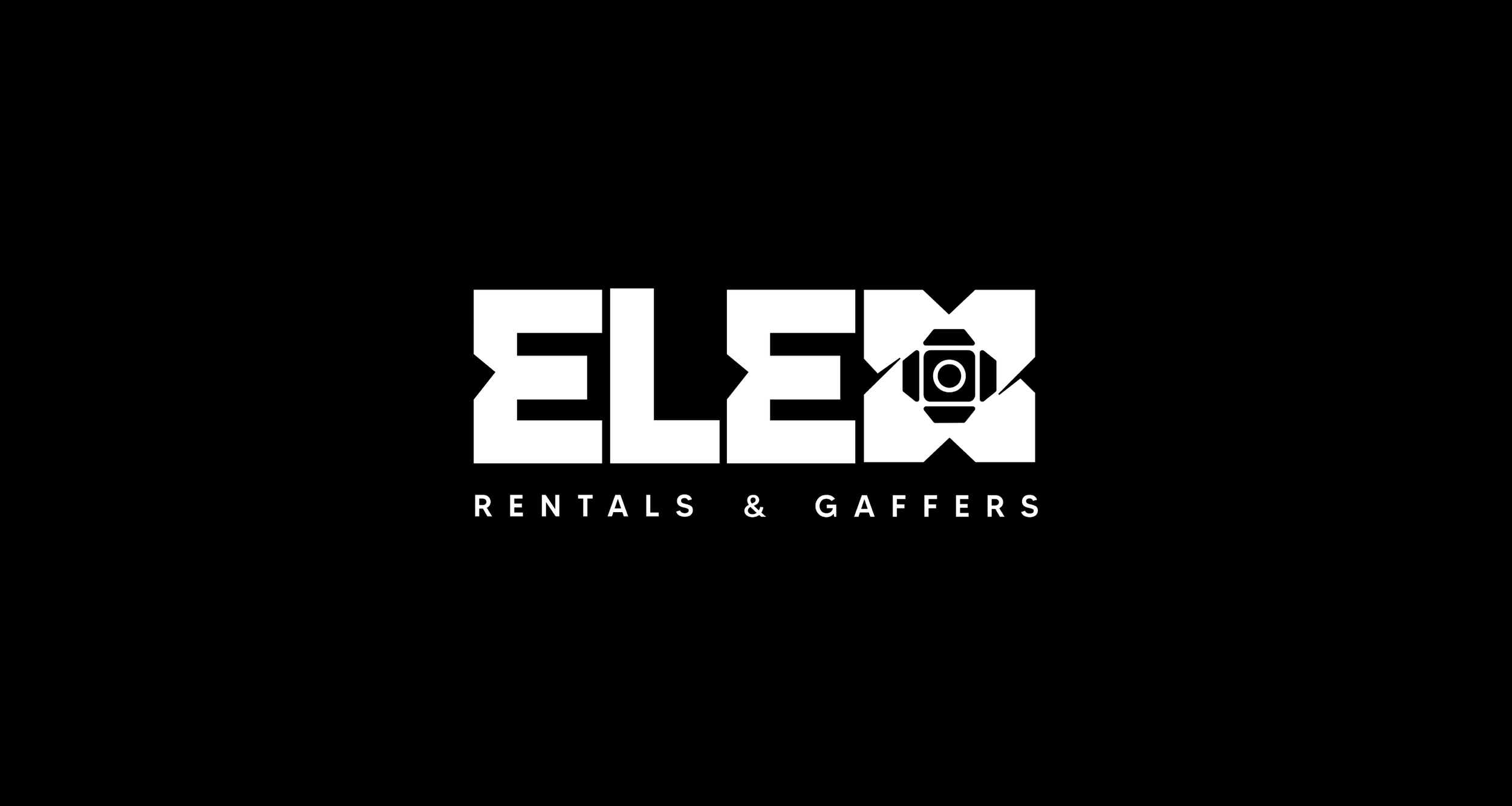 Logo for ELEC Rentals & Gaffers, with the word 'ELEC' in bold, stylized font and a camera icon replacing the letter 'I' on a black background.